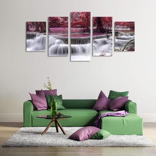 5 Pcs Red Trees Waterfall Picture Print Painting Modern Canvas Wall Art for Wall Decor Home Decoration Artwork