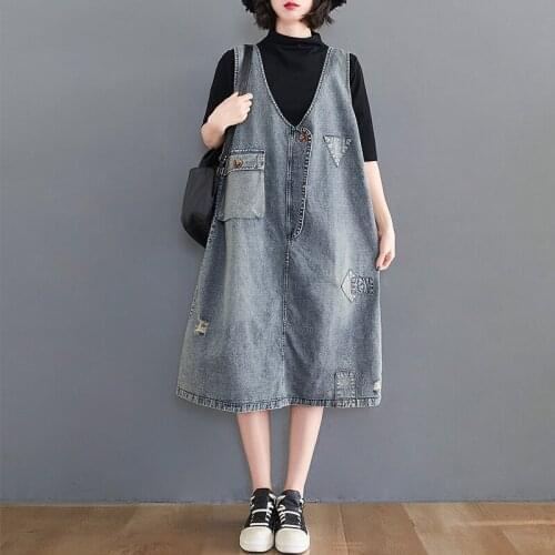 2021 New Autumn Bleached Sleeveless Denim Dress Ladies Vintage Casual Loose Korean Spaghetti Strap Dress WomenS Clothing Dress