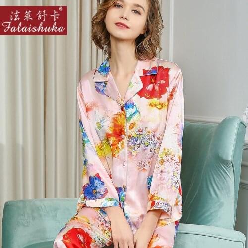 New sweet Pink Flowers 100% silk pajamas sets women sleepwear long sleeves Korean sexy Elegant genuine silk womens pyjamas T8219