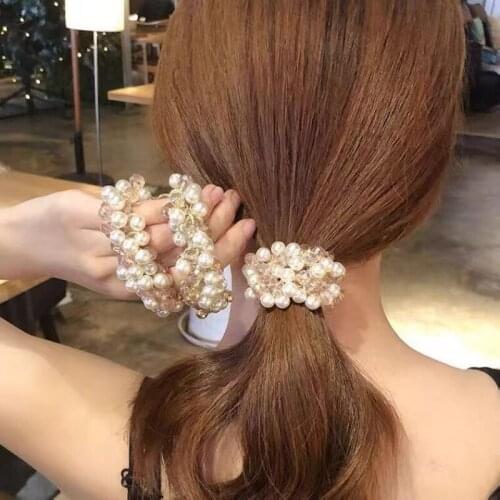 Korean Pearl Beaded Hair Ties Scrunchies Crystal Elastic Hairband Ponytail Holders Women Hair Rope Rubber Gum Hair Accessories
