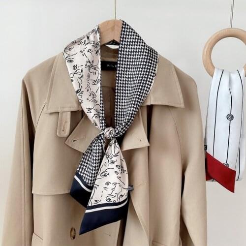 Luxury Silk Hair Scarf for Women Plaid Print Kerchief Neck Scarfs Long Shawls and Wrpas Scarves Hair Accessories