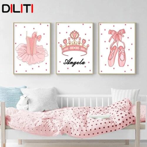 Pink Ballet Shoes Tutu Crown Canvas Painting Poster Nordic Nursery Customize Name Wall Art Pictures Baby Girl Room Decor
