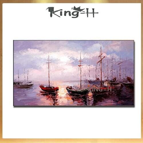 Handmade Abstract Pretty Ship View Colorful Sea Canvas Oil Painting Wall Picture For Living Room Aisle Modern Home Decor