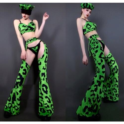Sexy Velvet Green Leopard Singer Dacner Stage Costume Suit Bar Nightclub Gogo Jazz Dancing Performance Wear Clubwear VDB3944
