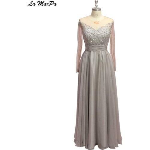 Long Sleeves Beaded Grey Bridesmaid Dress CMT116