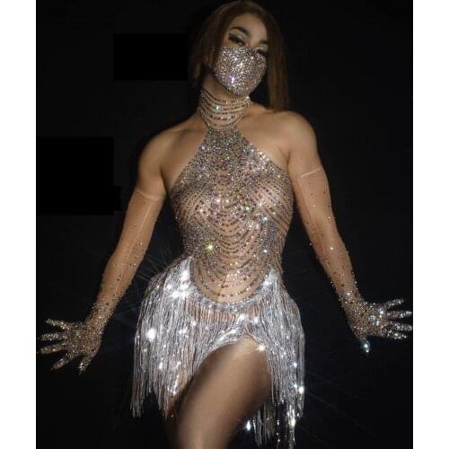 Rhinestone Tassel Latin Dance Bodysuit Sexy Women Elastic Mesh Net Perspective Crystal Leotard Singer Stage Outfit