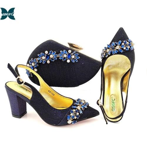 African 2021 Italian Design Colorful Crystal Style D.Blue Color Elegant Ladies Shoes and Bag Set Decorated With Rhinestone