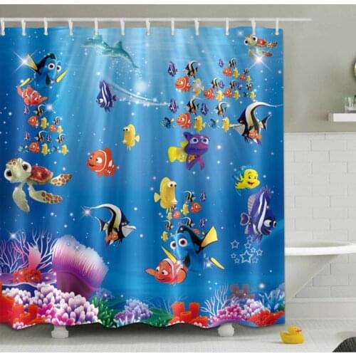 Funny Cartoon Undersea Fish Shower Curtain Ocean And Sea Bathroom Waterproof Extra Long Polyester Fabric For Kids Bathtub Decor