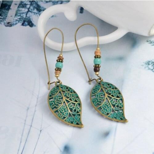 Green Vintage Hollowed Out Leaves Beads Pendant Earrings Stainless Steel Jewelry Simple Style Hoop Earrings Accessories