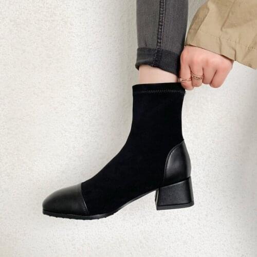 New Women Shoes High Heels Slip ankle boots winter Stretch socks boots elegant Square high heels shoes female Plus size 32- 43