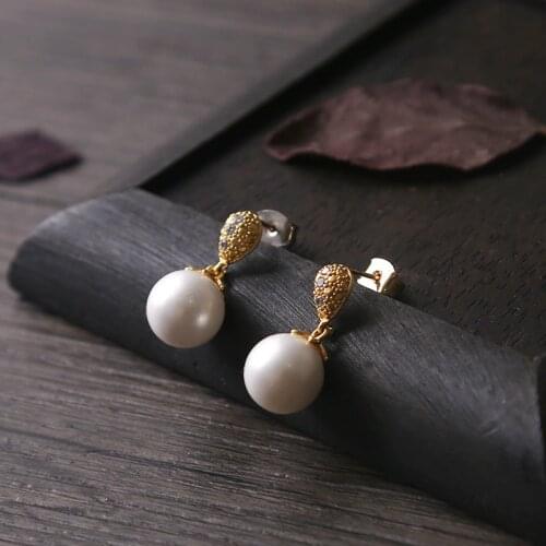 New Arrival Classic 925 Silver Gold Tones Stud Earrings for Woman inlay CZ Stones and White Round Freshwater Pearls for Gift