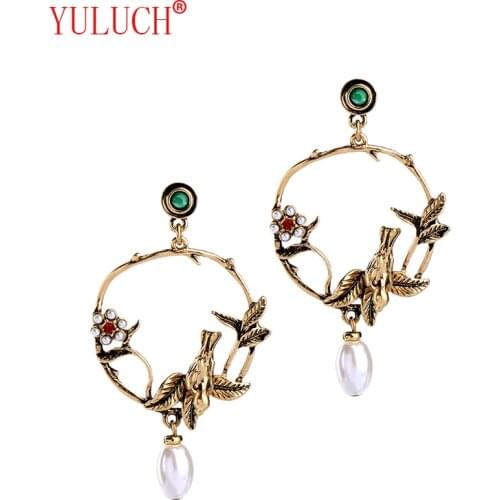 2018 Personality Fashion Jewelry Bohemian Circle Bird Nest Retro Alloy Swallow Pearl Pendant Woman Ear Studs