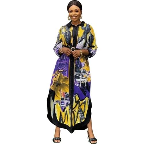 Floral Printed Office Lady Ankle Length Dress for Women Turn Down Collar Long Sleeve Vestidos Autumn Side Split Business Dress