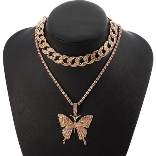 Necklace for Women Harajuku Hip Hop Cuban Chain Fashion Butterfly Pendant Double Necklace Charm Jewelry Temperament Gifts Party