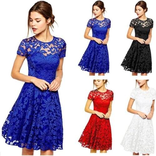 Sexy Women Floral Round Neck Short Sleeve Vintage Lace A-line Dress Patchwork Stitching Slim Pleated Swing Cocktail Party Dress