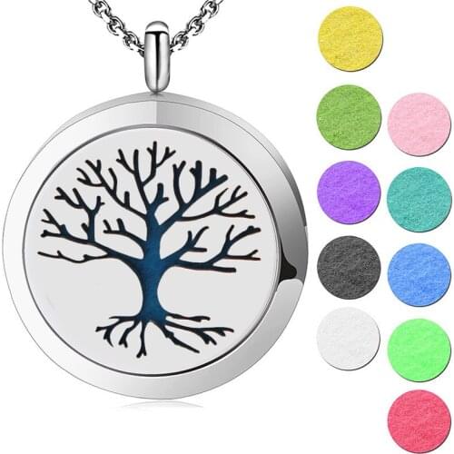 10pcs 30mm tree of life Aromatherapy Essential Oil 316 Stainless Steel Perfume Diffuser Locket Necklace with chain and Pads