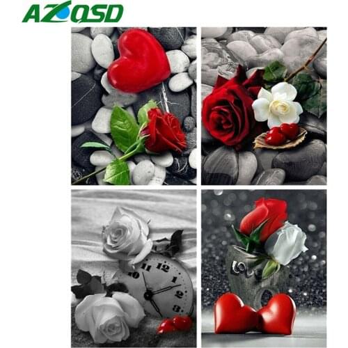 AZQSD Diamond Painting Love Heart Picture Of Rhinestones Diamond Embroidery Rose Flowers Diamond Mosaic Full Display Home Decor