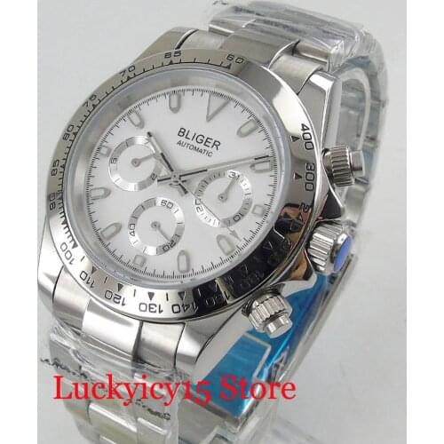 BLIGER Luxury White Dial Auto Date Week Function Mental Strap 39mm Automatic Mens Watch