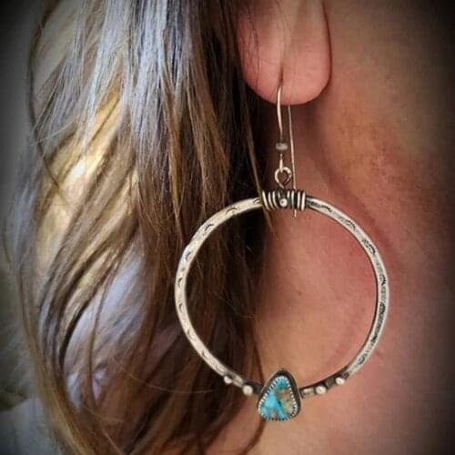 Bohemian Hollow Circle Earrings For Women Geometric Vintage Silver Color Turquoise Large Earring Female Jewelry Gift Party