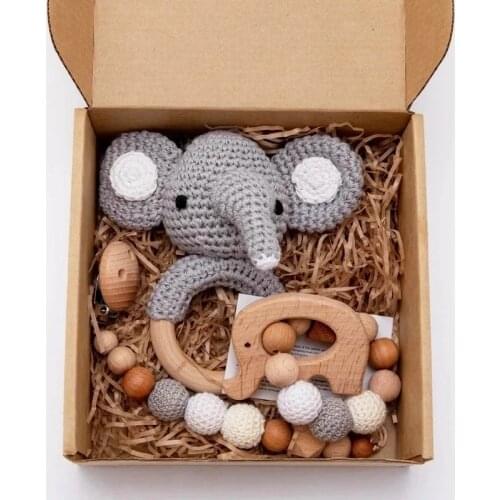 1set Baby Rattle Wooden Crochet Elephant Bells Music Teething Bracelet Pacifier Dummy Clips Gym Play Rodent Baby Products Toy