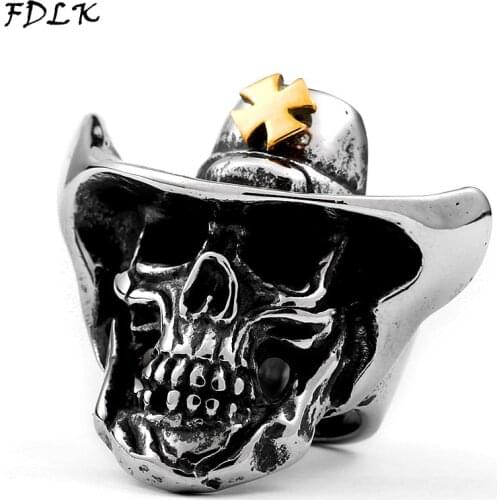 FDLK Gothic Punk Cowboy Skull Rings for Men Retro Silver Color Exaggeration Skeleton Male Ring Motorcycle Jewelry Wholesale