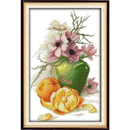Hibiscus vase and oranges cross stitch kit aida 14ct 11ct count printed canvas stitches embroidery DIY handmade needlework