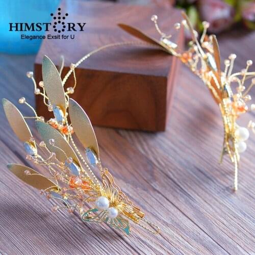 Himstory Luxurious Vintage Gold Big Leaf Headband Crown Wedding Bridal Hair Accessories Women Girls Rhinestone Pageant Tiaras