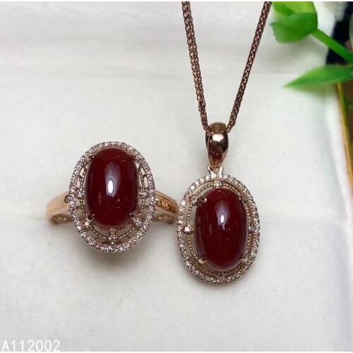 KJJEAXCMY fine jewelry natural red coral 925 sterling silver women gemstone pendant necklace ring set support test beautiful