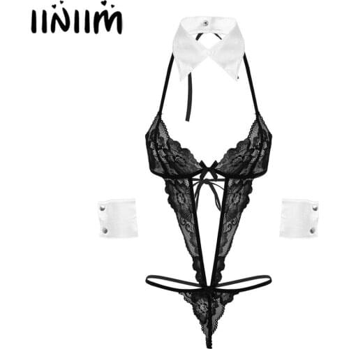 Womens Femme Erotic Costumes Sissy Maid Dress Up See Through Sheer Lace Lingerie Set Backless Bodysuit with Collar Wrist Cuffs