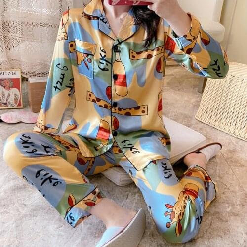 Newest Silk Pajamas for Women Sweet Cartoon Pyjamas Woman Elegant Long Sleeve Homewear Ladies Sleepwear Sets 2020 PJS
