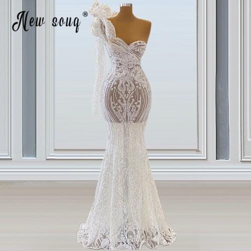 One Shoulder Mermaid Wedding Dresses Beaded Crystal Lace Applique Flowers Bridal Gown for Wedding Party vestidos de novia