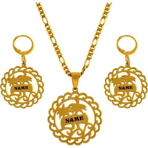 Anniyo Customize Name Necklaces Earrings sets Hawaiian Coconut Tree Personalized Name Jewelry Customize Letters Guam #057321