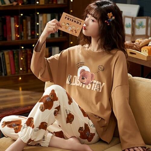 Plus Size 5XL Long Sleeve Cute Women Nightwear Sleepwear Cotton 2PCS Nightwear Sets Spring New Pajamas Loose Women Pyjamas