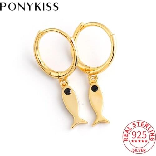 PONYKISS Genuine 925 Sterling Silver Cute Fish Black Zircon Hoop Earrings for Women Anniversary Fine Jewelry Accessory Gift