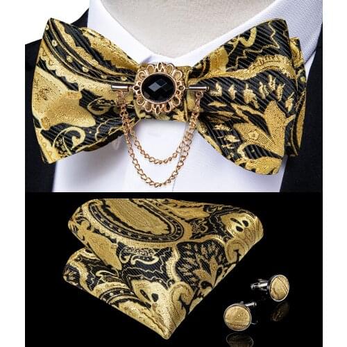 Luxury Gold Black Paisley Self Tie Mens Bow Tie Silk Woven Wedding Party Butterfly Ties Hanky Brooch Pin Set Tuxedo Bow DiBanGu