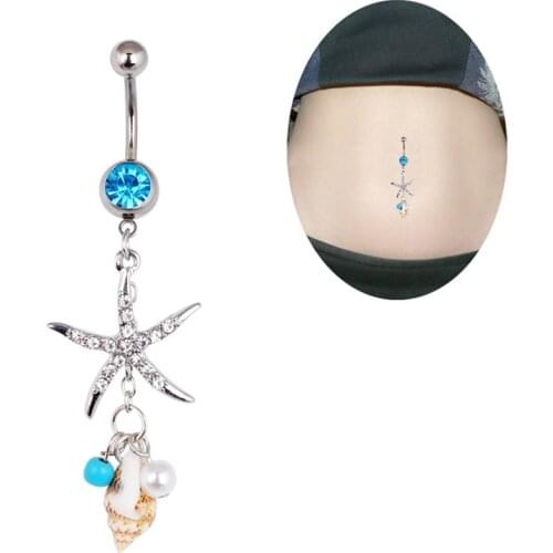 Crystal Starfish Punk Conch Dangle Navel Ring Body Jewelry Feminino Helix Piercing 316L Surgical Steel Belly Button Ring