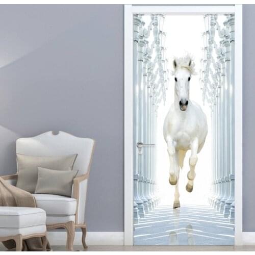 2 Pieces/Set Self-Adhesive Door Sticker 3D White Horse Wallpaper Living Room Bedroom Home Decor Wall Door Decals PVC 3D Stickers