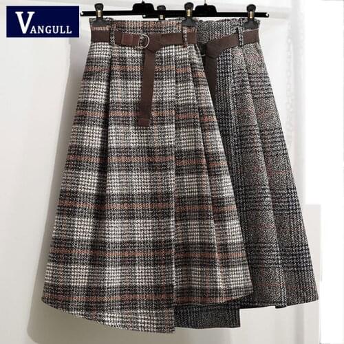 Vangull Vintage Plaid Skirt Women Hight Waist Irregular A-line skirt 2021 Autumn New Oversized Mid-Length Female Sashes Skirts