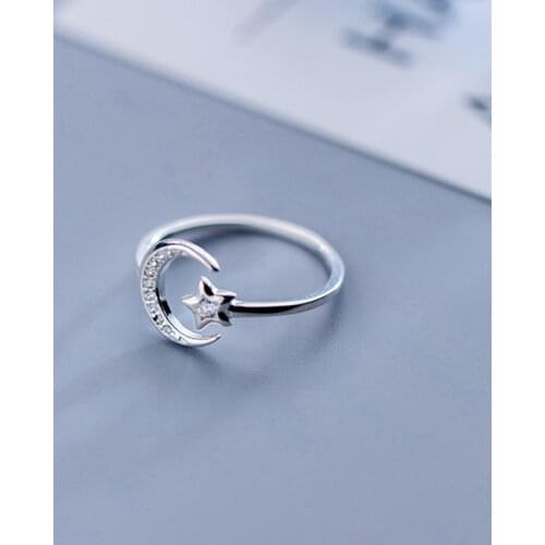 Women Original Handmade Prevent Allergy 925 Sterling Silver Rhinestone Crystal Moon Star Open Rings Jewelry For Girl Gift