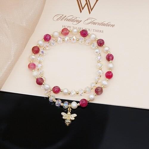 Luxury Bee Shape 6mm Natural Watermelon Red Tourmaline Freshwater Pearls Crystal Beaded Bracelets for Women Fine Jewelry YBR552