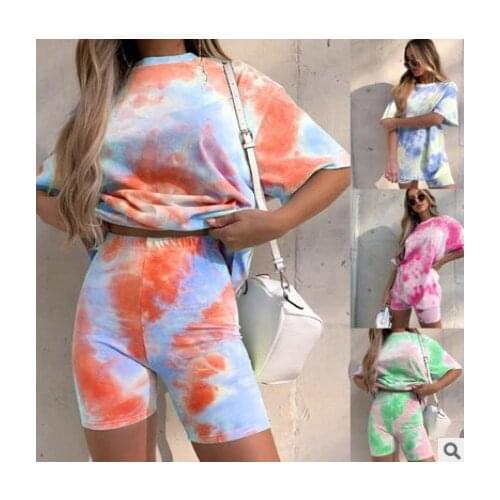 Womens latest round neck short-sleeved color cotton casual comfortable series two-piece suit