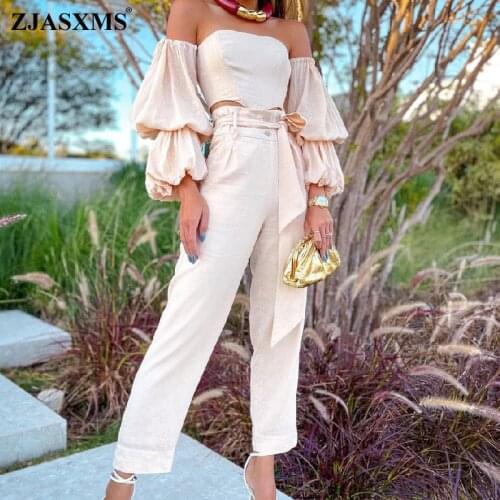 New Autumn Winter Office Two Piece Outfits Women Tube Top And Pocket Button-Shaped Belt Set Lady Lantern Sleeve Solid Color Suit