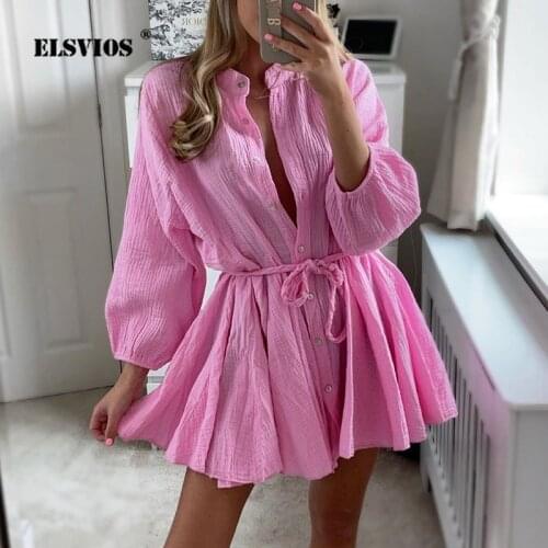 Women Vintage Ruffle A-line Dress Casual V-neck Buttons Cardigan Solid Dress New Summer 2021 Lady Elegant Party Dresses Vestidos