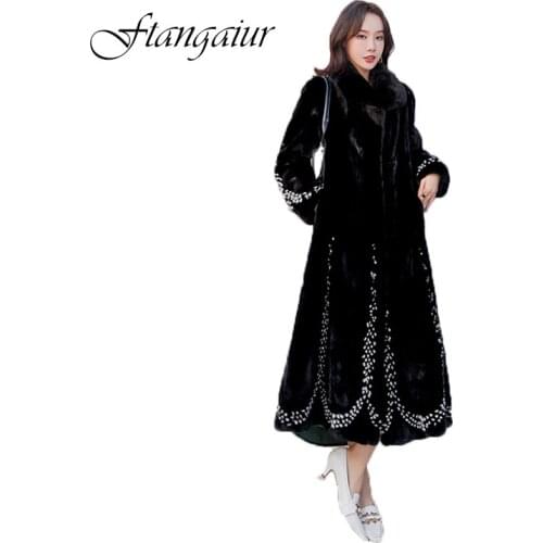 Ftangaiur 2020 Winter Import Velvet Mink Fur Coat Womens Turn-Down Collar Embroidery X-Long Slim Natural Real Mink Fur Coats