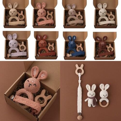 1 Set Crochet Baby Rattle Toys Animal Beech Wooden Teething Ring Teether Pacifier Chain Clips Set Baby Stuff