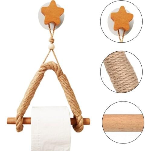 Wooden Hemp Rope Toilet Roll Paper Rack Bathroom Kitchen Hanging Towel Storage Holder
