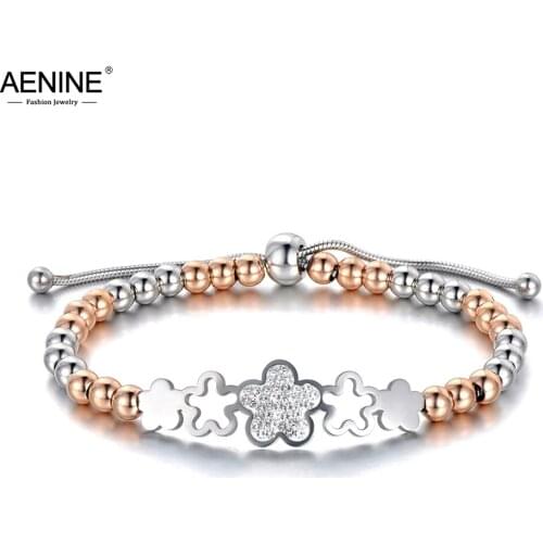 AENINE Original Titanium Stainless Steel Beads CZ Crystal Charm Bracelets Bangles Trendy Plum Blossom Chain Link Jewelry AB19083