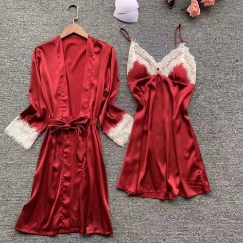Foply Fashion Women Robe Set Faux Silk Hot Winter Autumn Sexy Lace Nightgowns Women Sleepwear Dress Woman Pajamas Bathrobe