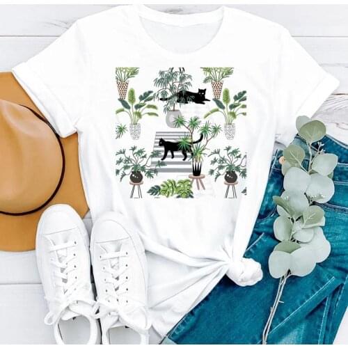 Summer Short Sleeve Casual Women Clothing Cartoon Cat Plant Cute Fashion Clothes Print Tshirt Female Tee Top Graphic T-shirt