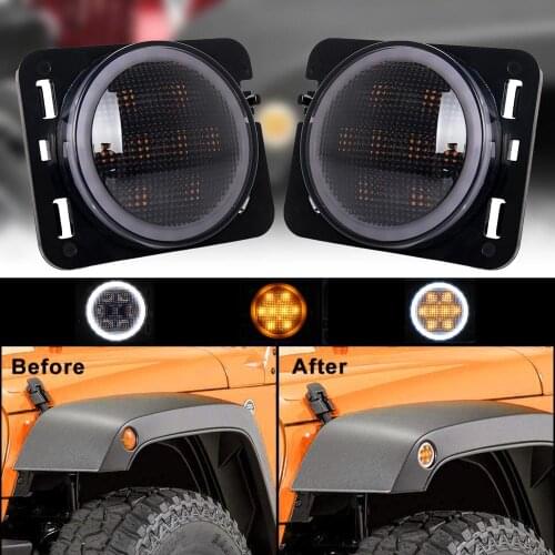 Front Fender Side Marker Lights Smoked Parking Turn Indicator Lamp with White Halo for Jeep Wrangler JK JKU 2007-2017